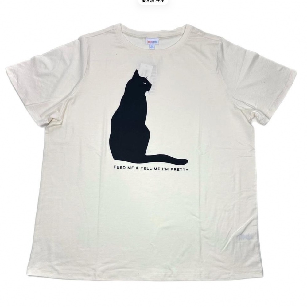 LuLaRoe Womens Top Size XL Rivkah T-Shirt Black Cat Feed Me Tell Me NWT